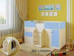 Кровать-чердак Малыш-4 Дуб молочный/Голубой в Калачинске - kalachinsk.katalogmebeli.com | фото