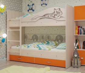 Кровать Мая-Сафари двухъярусная с ящикамиМлечный дуб/Оранжевый в Калачинске - kalachinsk.katalogmebeli.com | фото